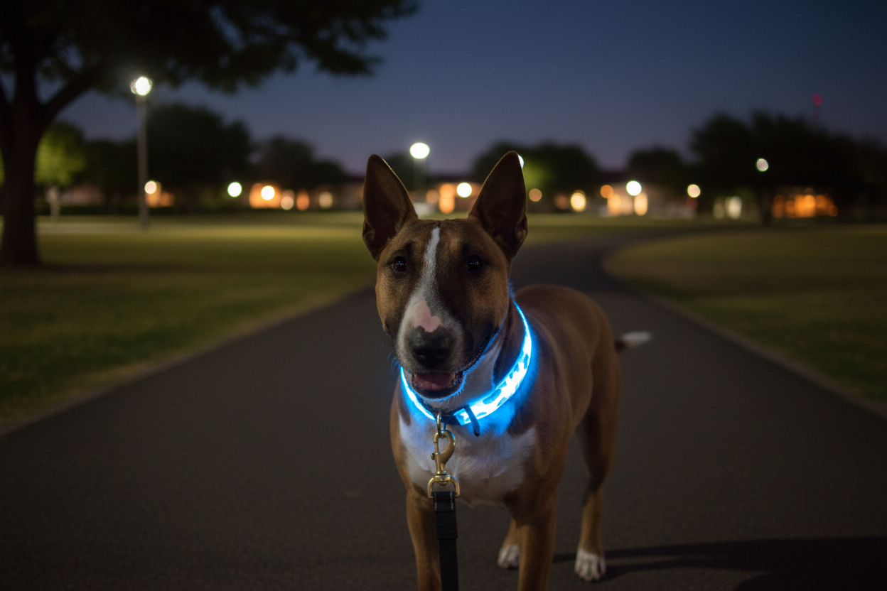 Dog wearing blue LED camouflage collar at night