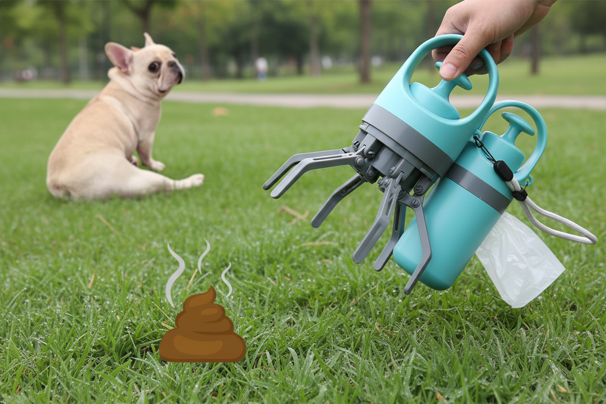 Portable dog pooper scooper with built-in bag dispenser in park