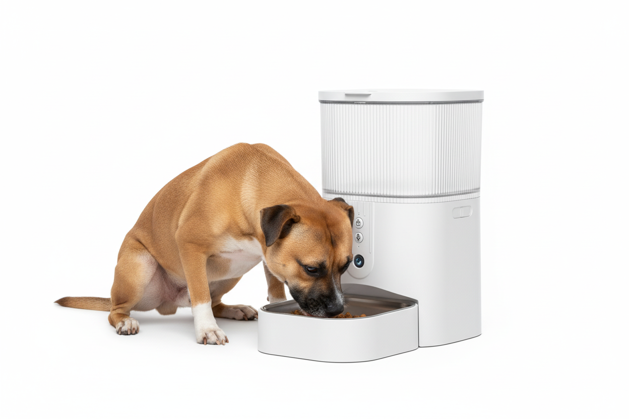 Tan dog eating from WiFi smart pet feeder