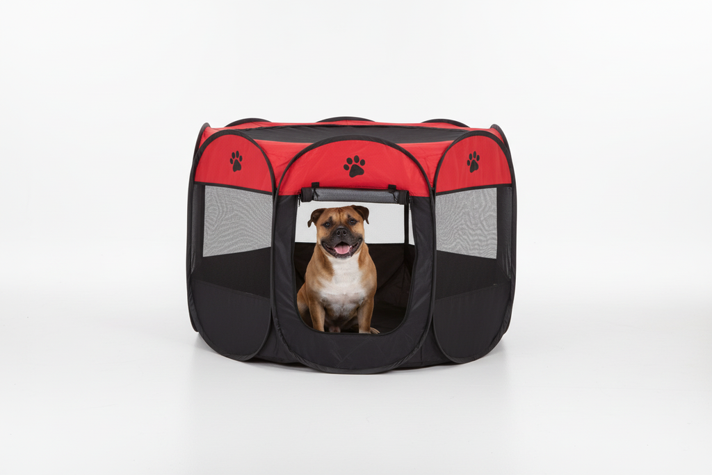 Staffordshire terrier sitting inside octagonal pet tent playpen