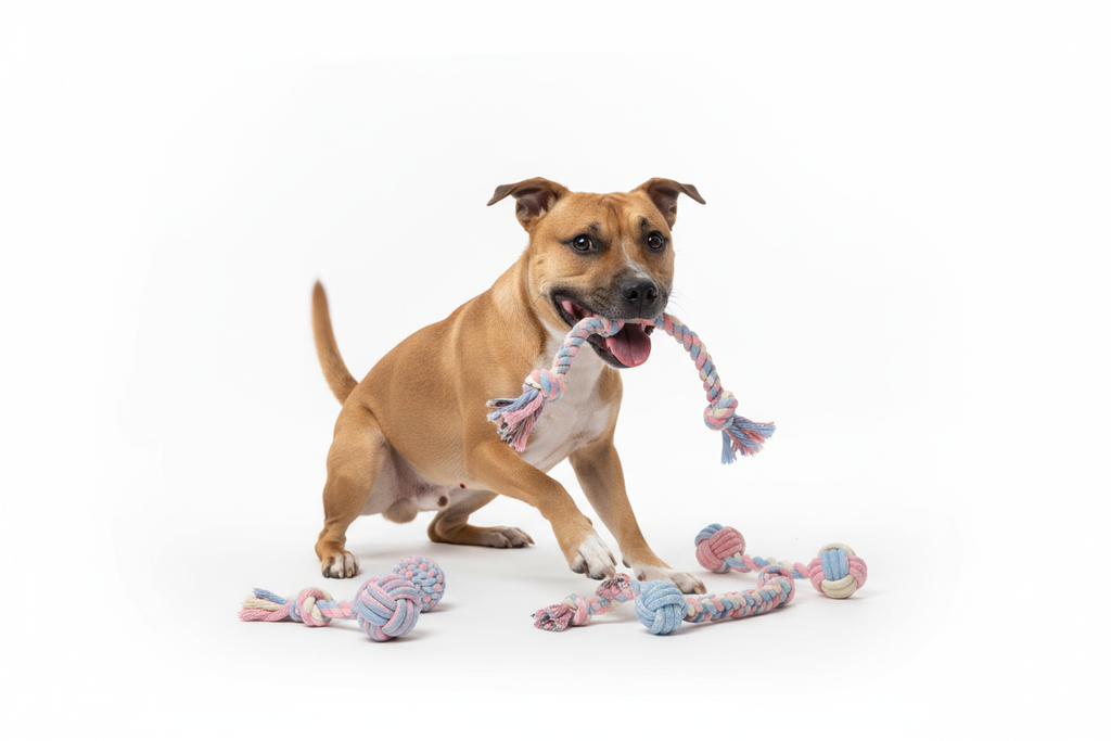 Tan dog playing with cotton rope knot toys