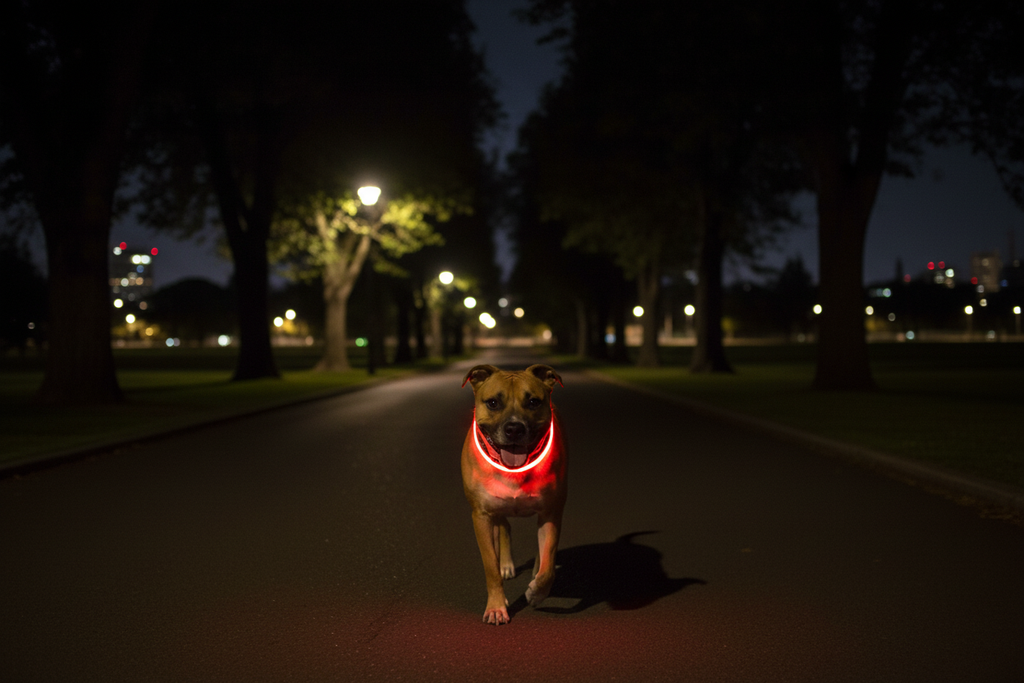 Dog wearing red LED safety collar at night