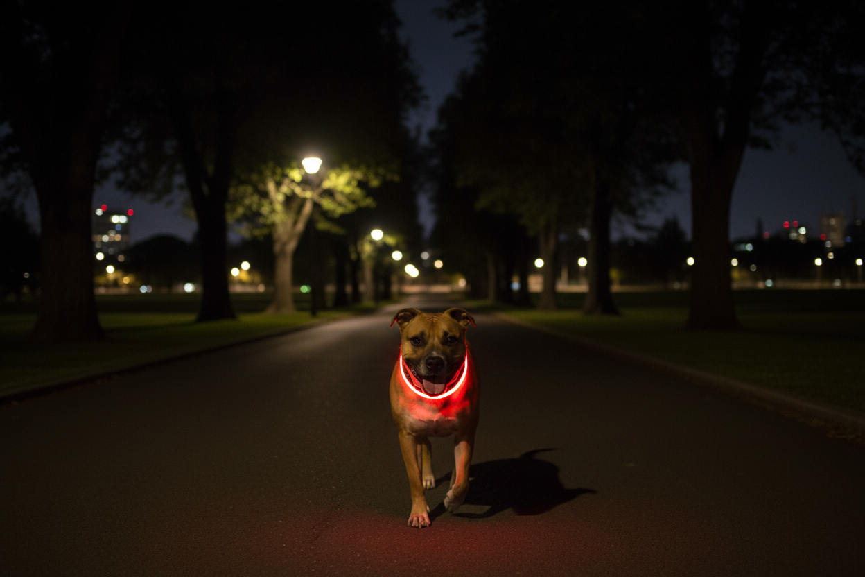 Dog wearing red LED safety collar at night