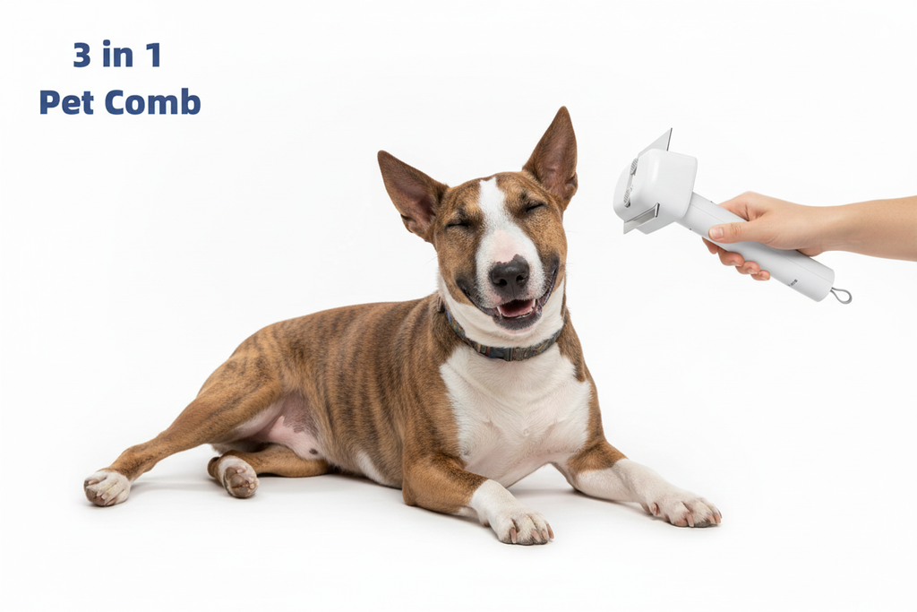 Brindle and white dog being groomed with 3-in-1 pet comb