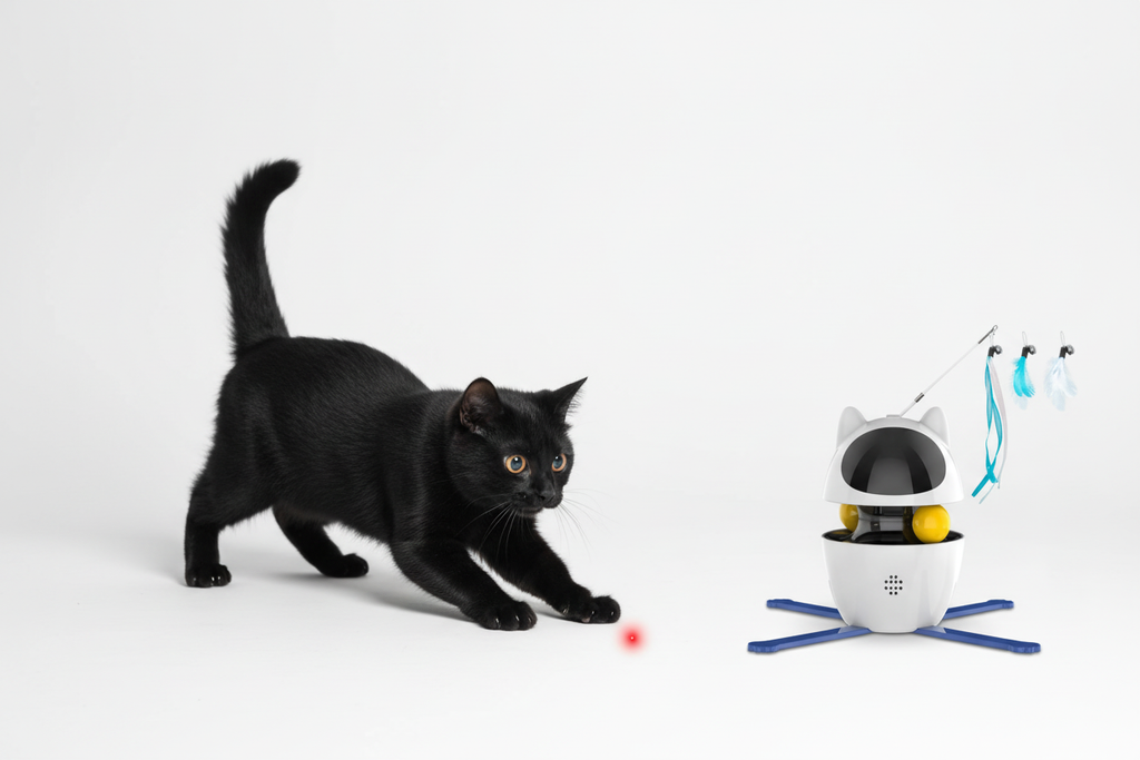 Black cat chasing laser from interactive cat toy