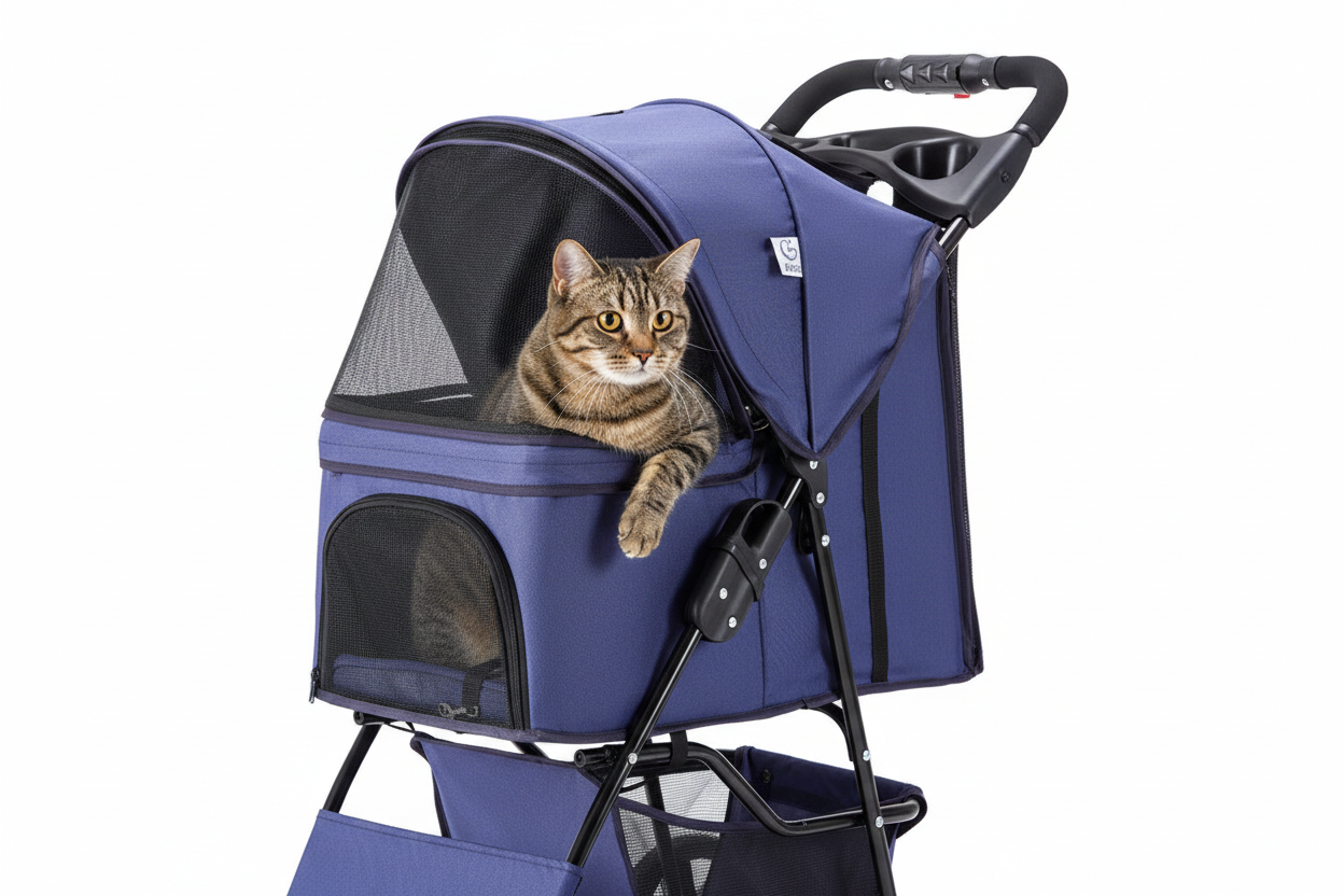 Tabby cat in foldable pet stroller