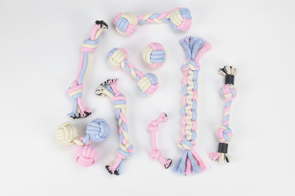 Collection of colorful cotton rope knot toys