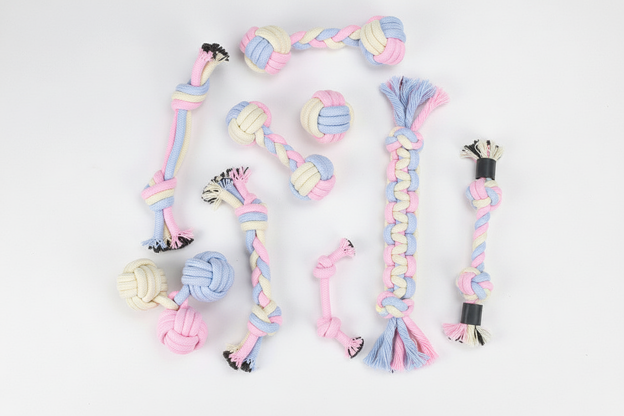 Collection of colorful cotton rope knot toys