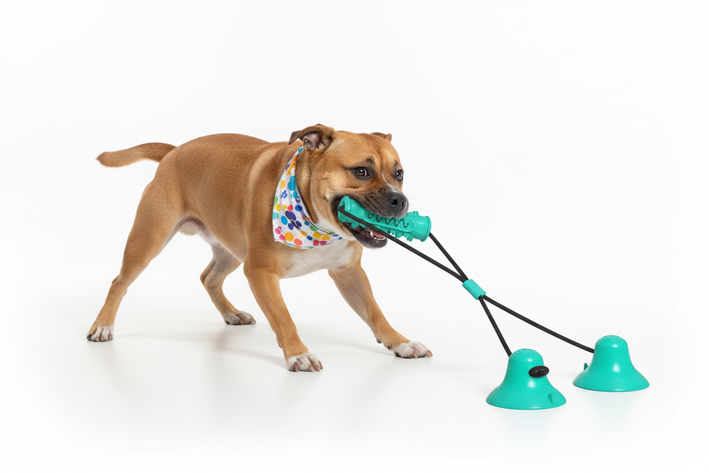 Staffordshire terrier playing with double suction cup pull rope toy