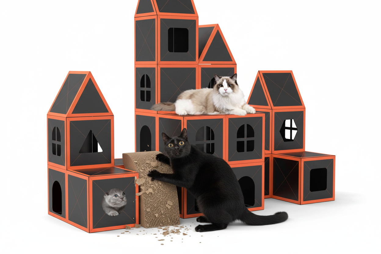 Black cat scratching on cardboard cat house
