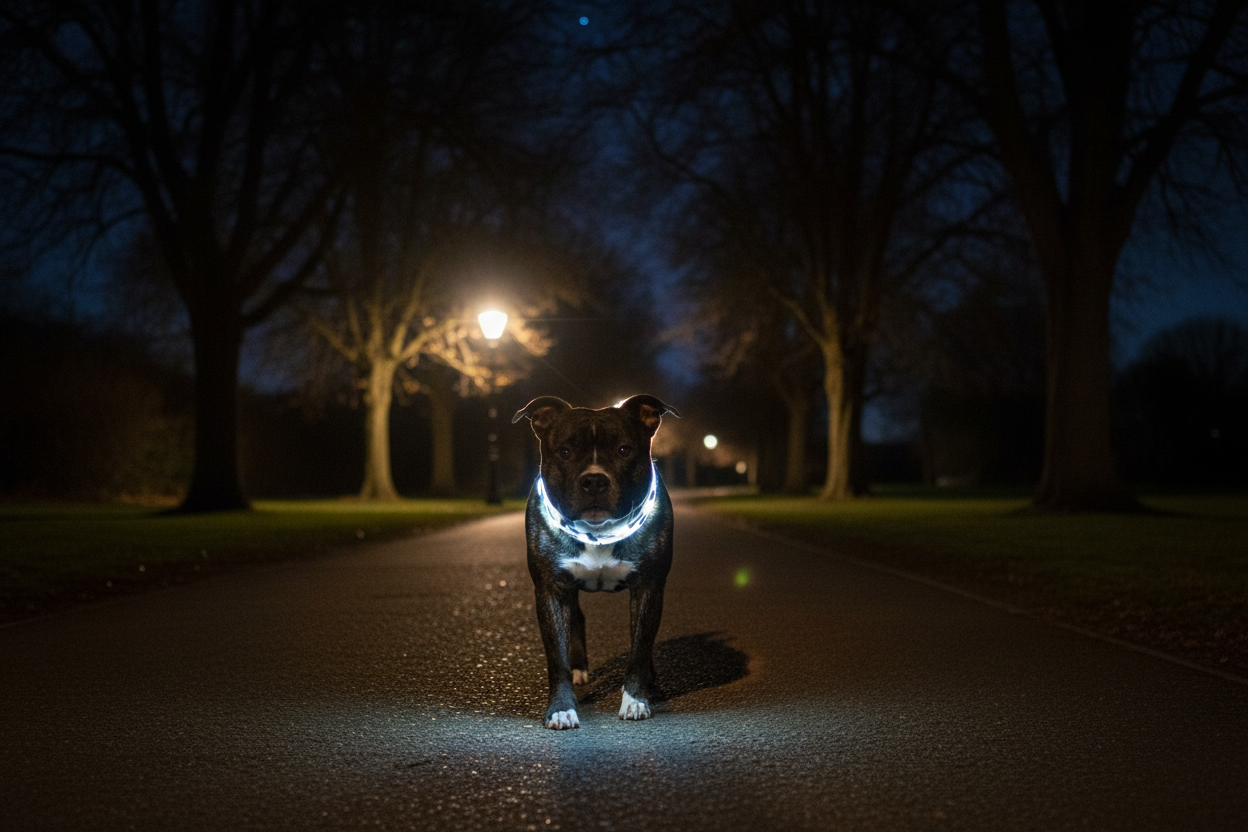 Staffordshire Bull Terrier wearing white LED collar at night