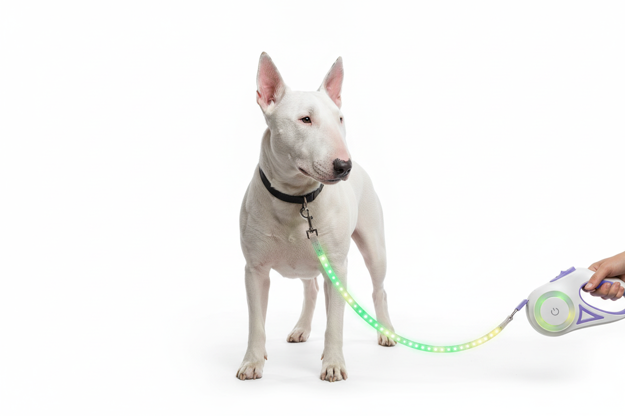 White Bull Terrier with automatic retractable dog leash