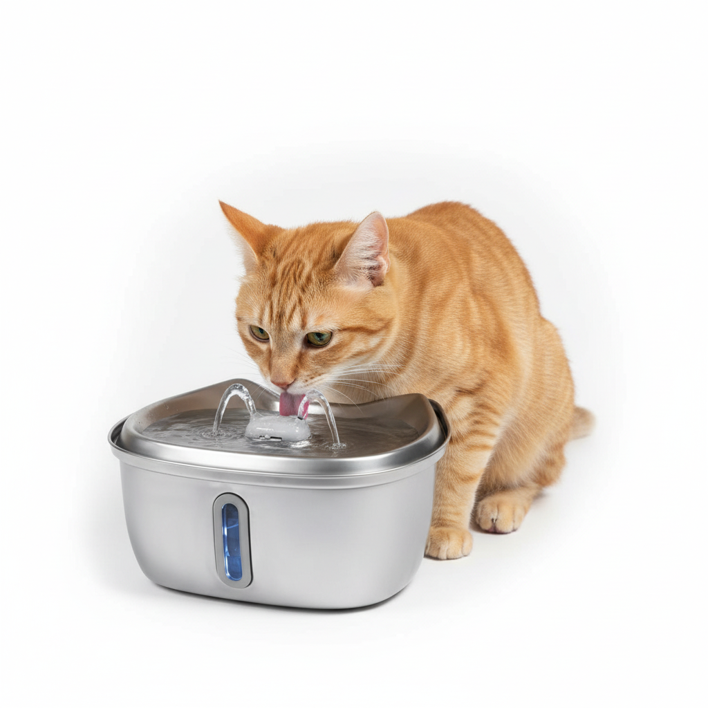 Orange cat with stainless steel pet water fountain