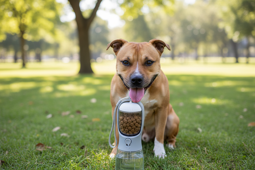 Tan dog drinking from 3-in-1 water bottle