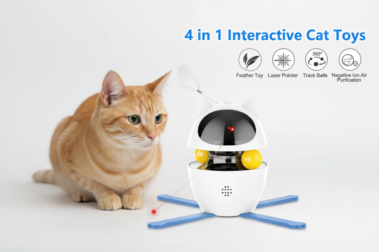 Orange and white tabby cat with 4-in-1 interactive toy showing all features