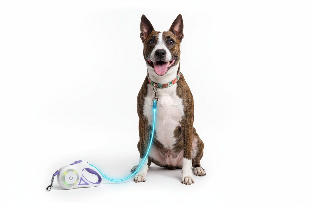 Brindle dog with automatic retractable dog leash