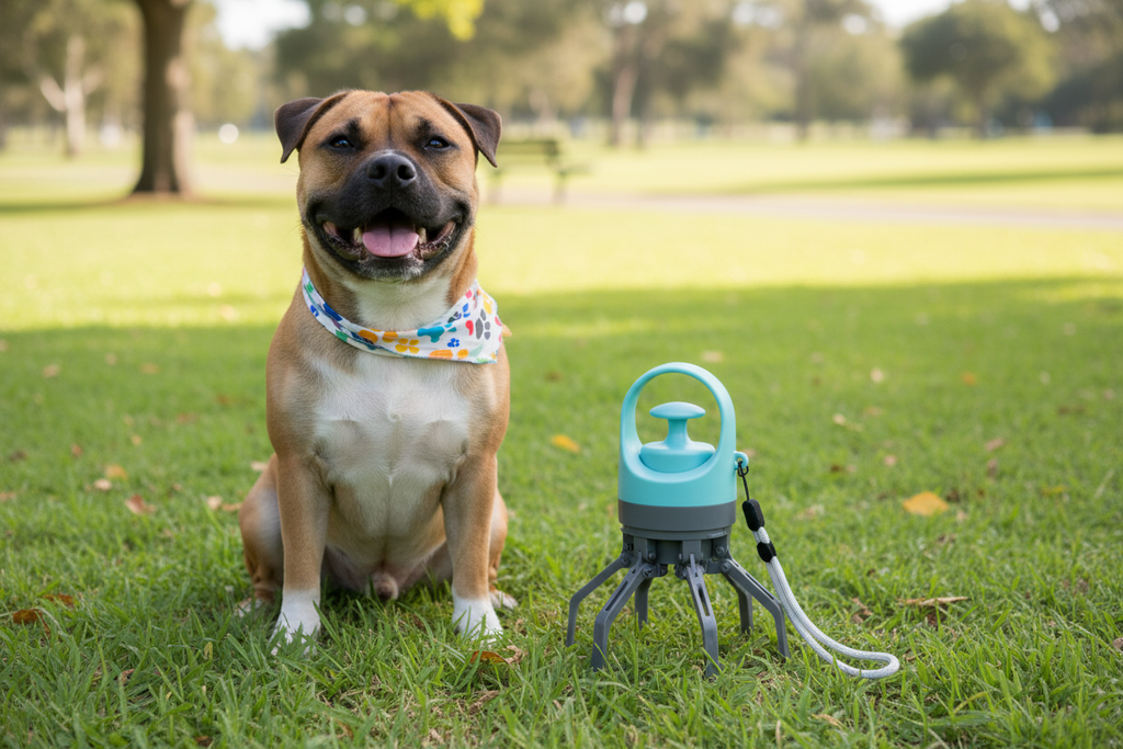 Staffordshire terrier in park with pooper scooper