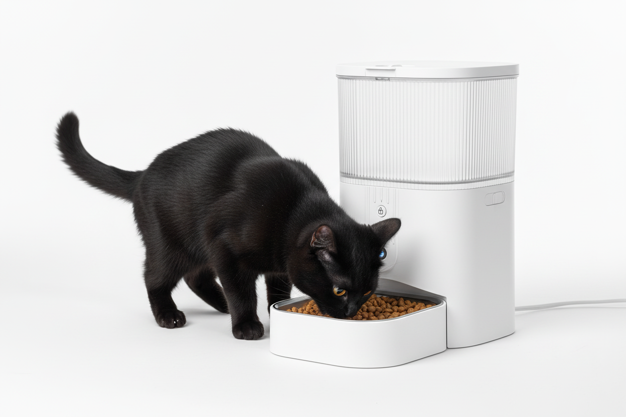 Black cat eating from WiFi smart pet feeder