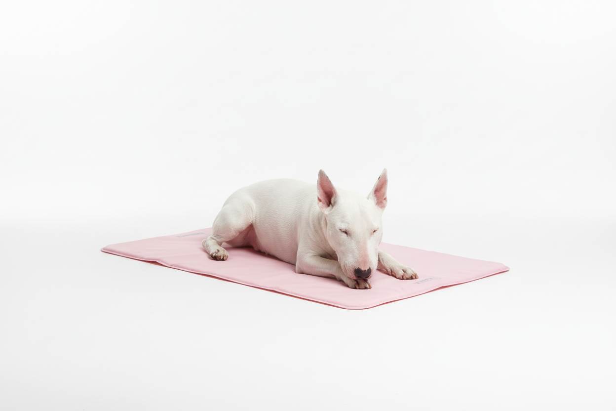 White Bull Terrier on pink cooling mat