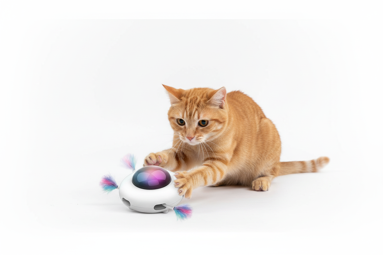 Orange tabby cat playing with automatic feather teaser toy