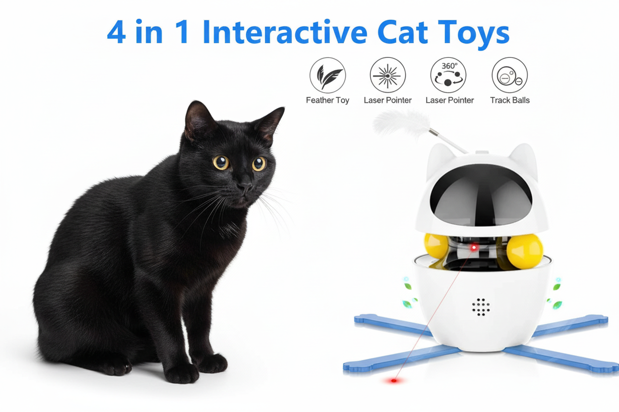 Black cat with 4-in-1 interactive toy showing all features