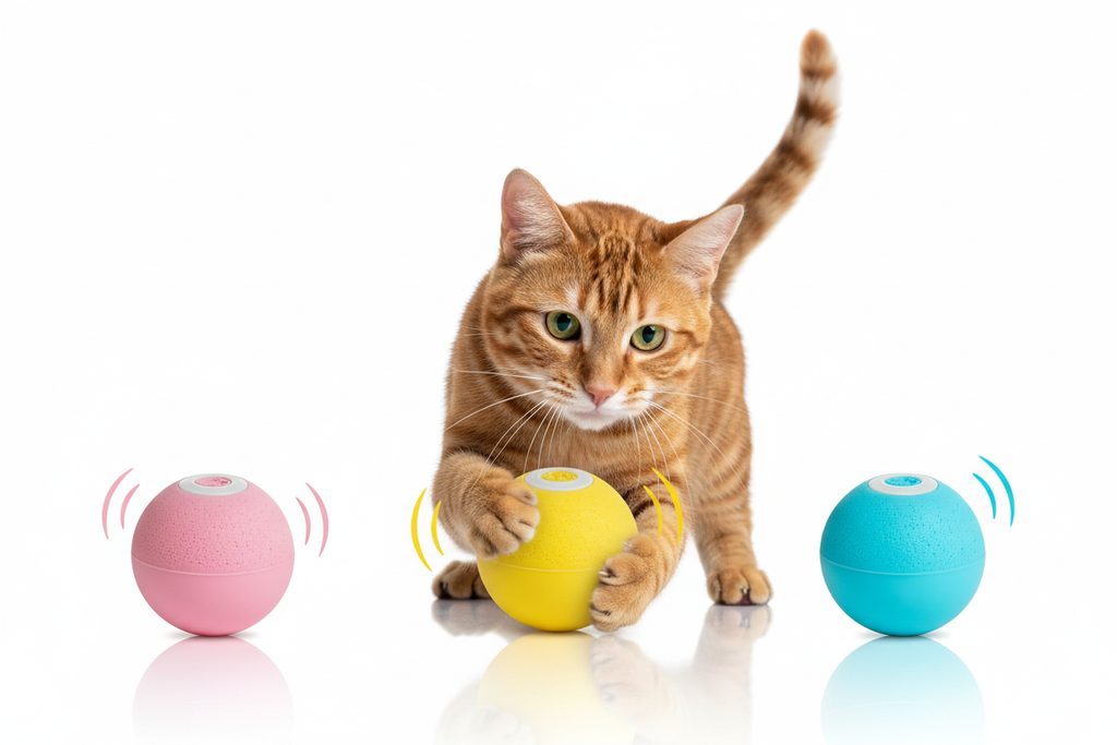 Tabby cat playing with smart interactive ball toy with catnip
