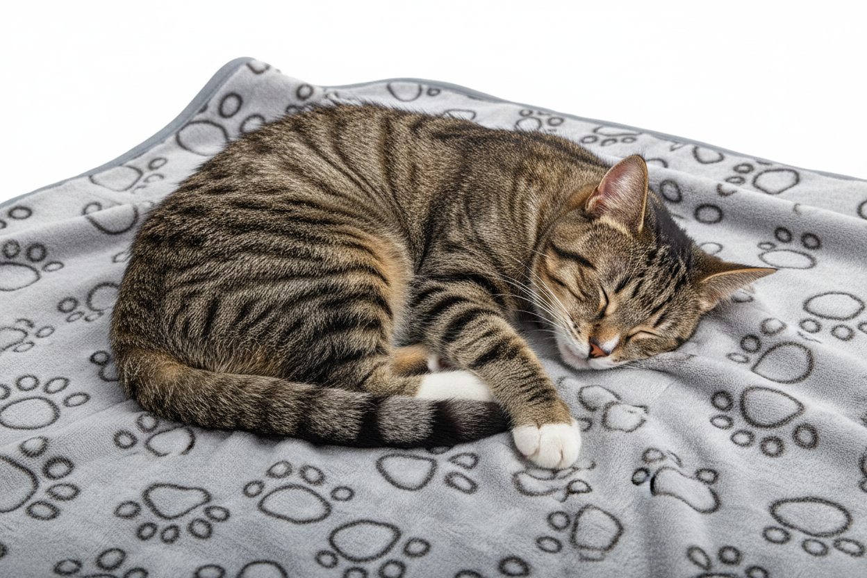 Tabby cat on paw print fleece blanket