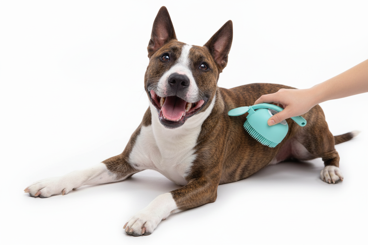 Brindle dog being groomed with silicone pet grooming glove