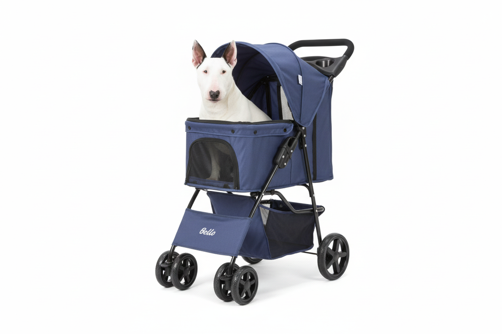 White Bull Terrier in foldable pet stroller