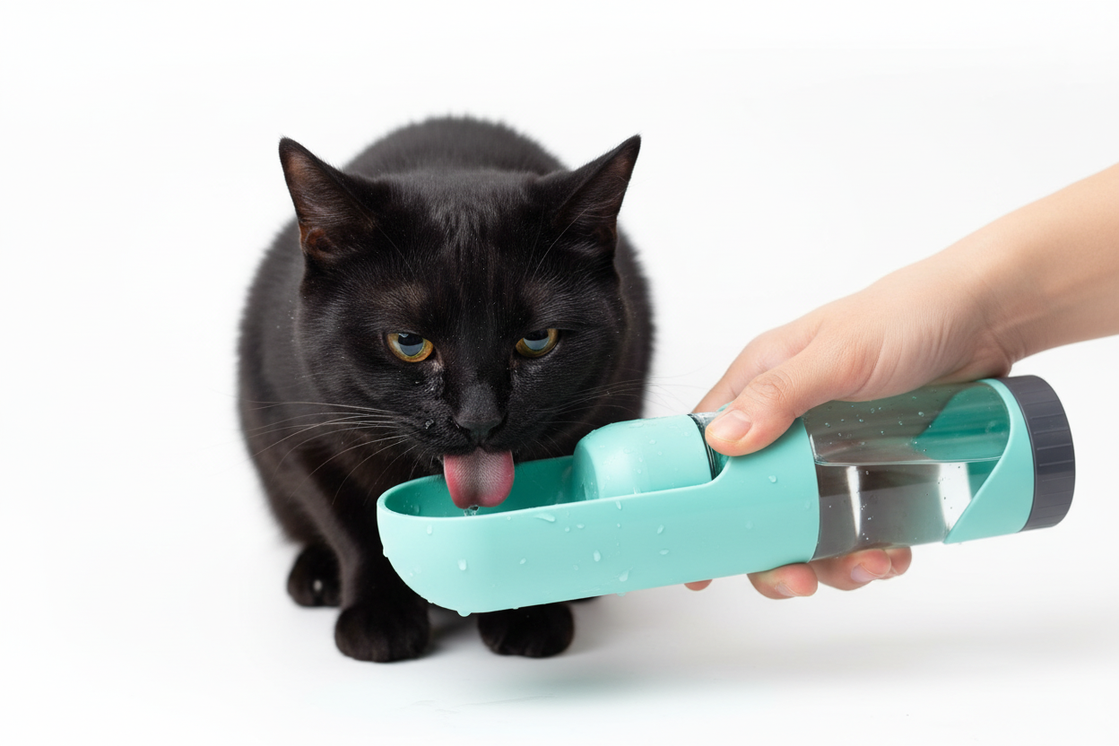 Black cat drinking from portable pet water bottle