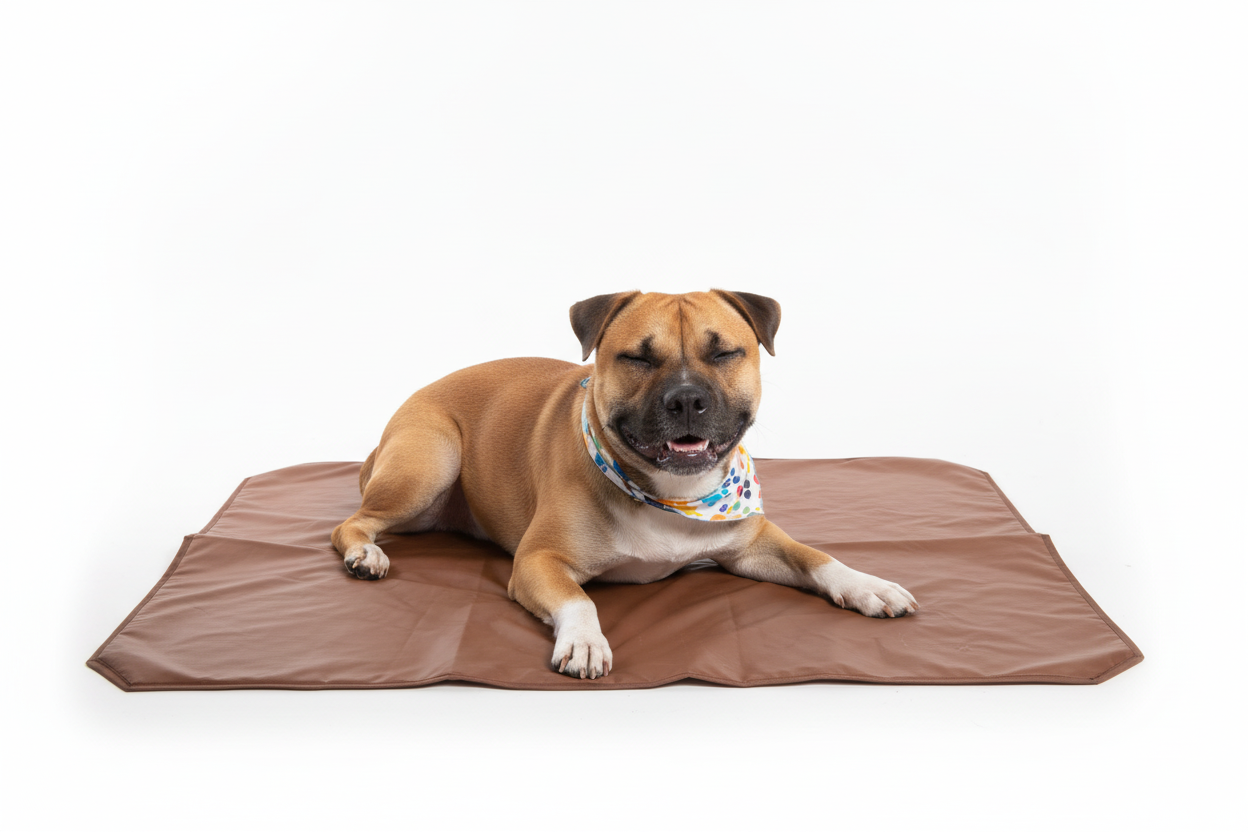 Staffordshire terrier on coffee colored cooling mat