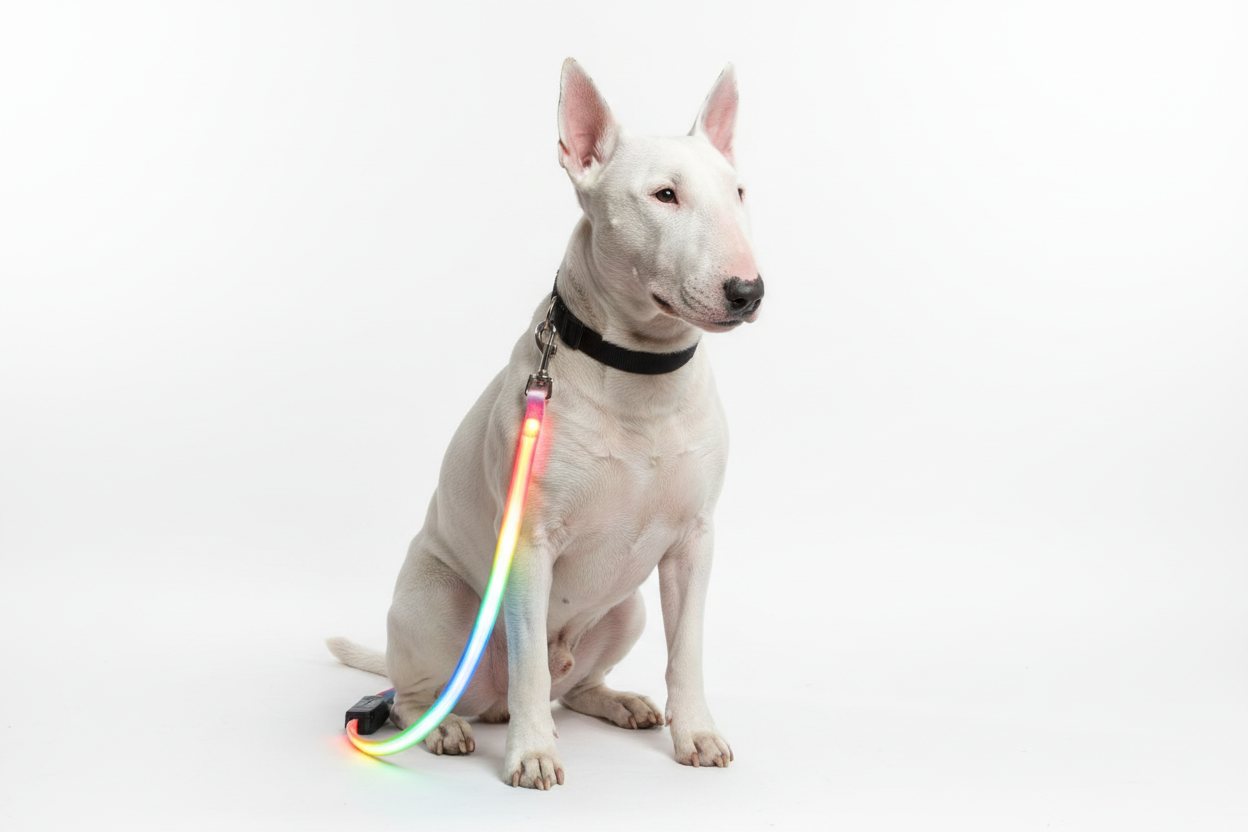 White Bull Terrier with LED light-emitting dog leash
