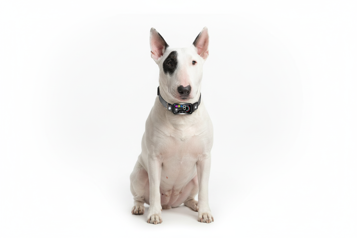 White Bull Terrier wearing anti-barking collar with color screen
