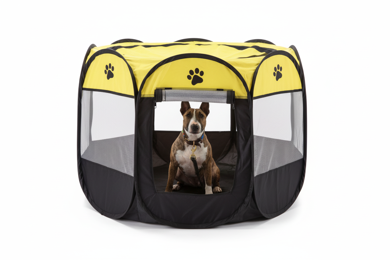 Brindle dog in yellow and black octagonal pet tent