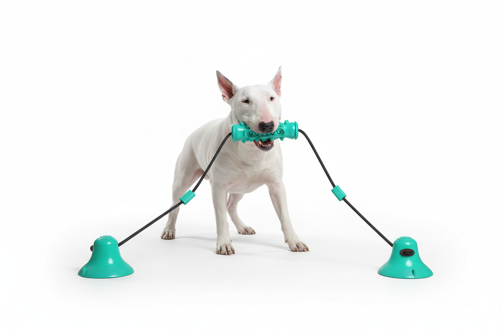 White Bull Terrier playing with double suction cup pull rope toy