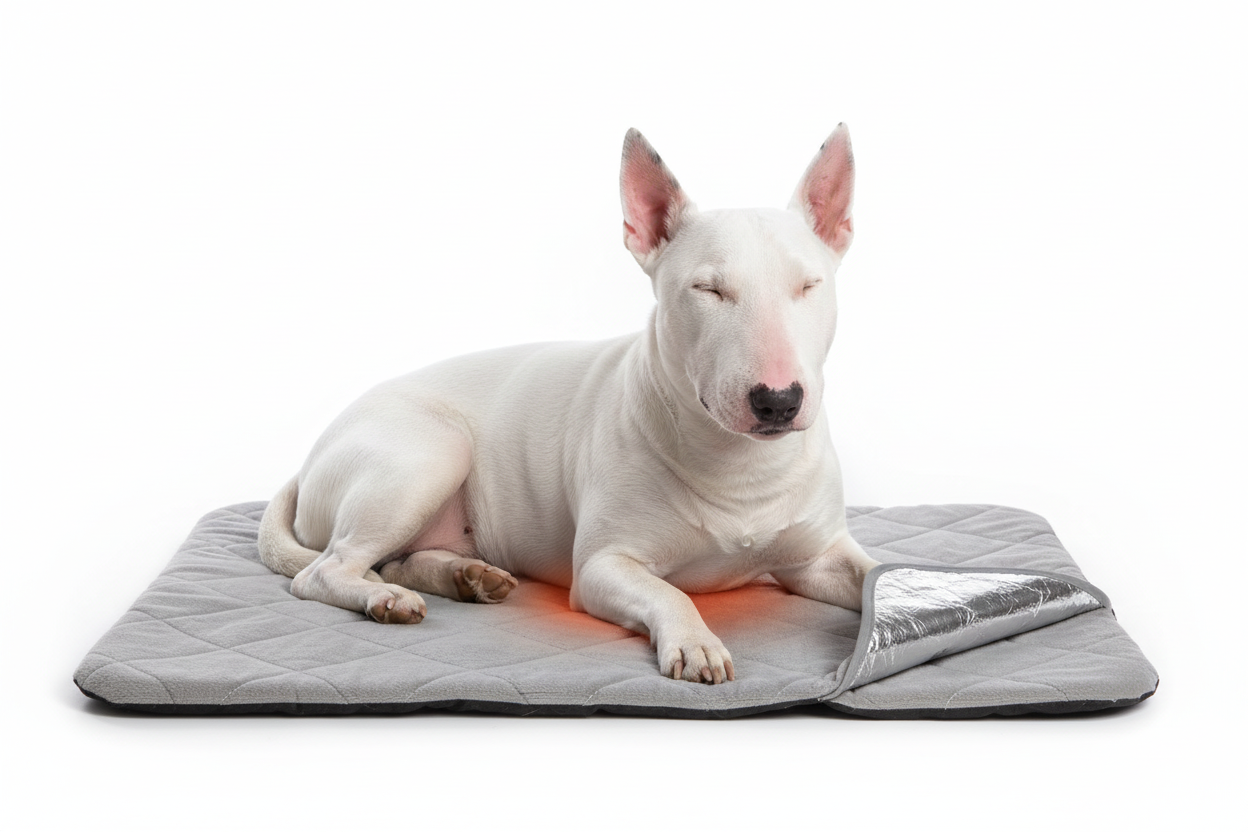 White Bull Terrier lying on self-heating pet mat