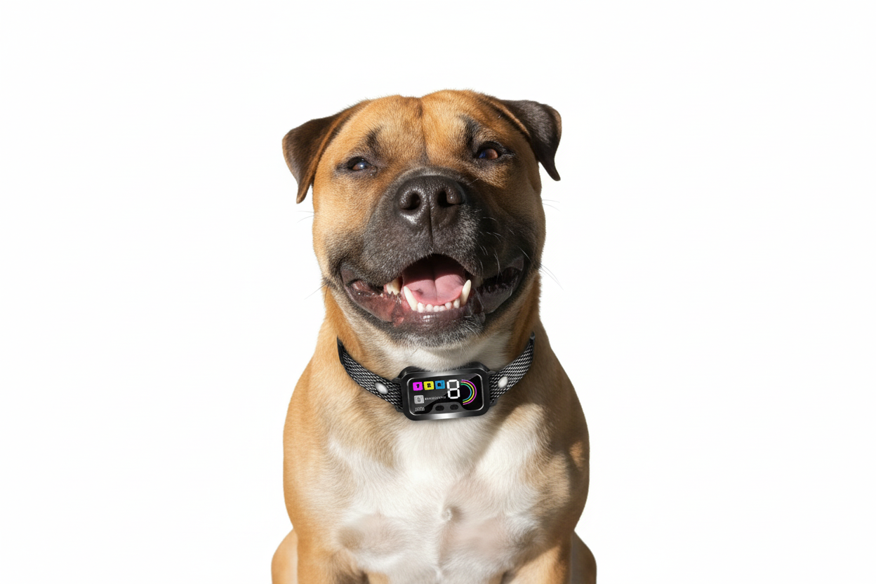 Staffordshire terrier wearing anti-barking collar with color screen