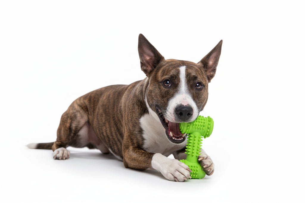 Brindle dog chewing green bone-shaped TPR chew toy
