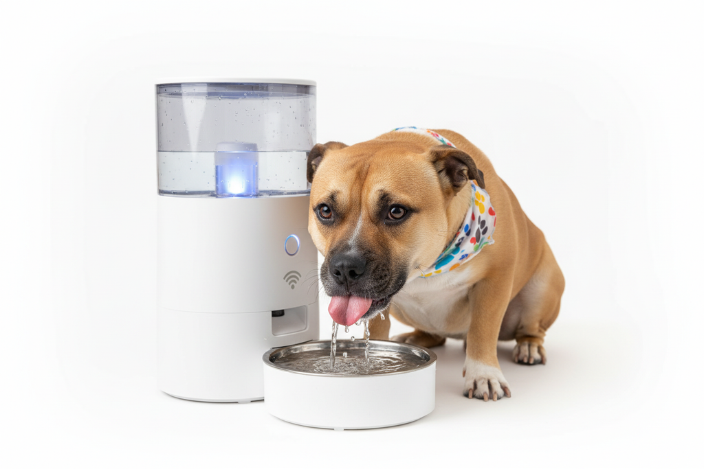 Staffordshire terrier drinking from WiFi pet water fountain