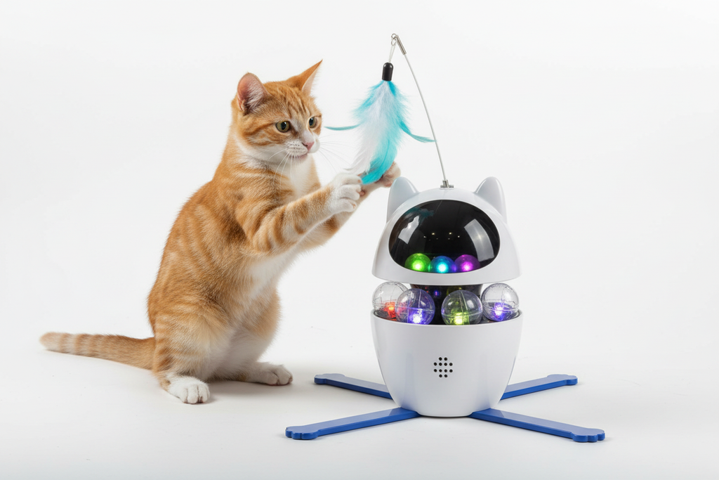Orange and white tabby cat batting at feathers on interactive toy