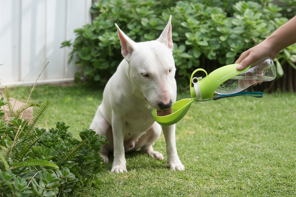 White Bull Terrier drinking from lime green portable pet water bottle