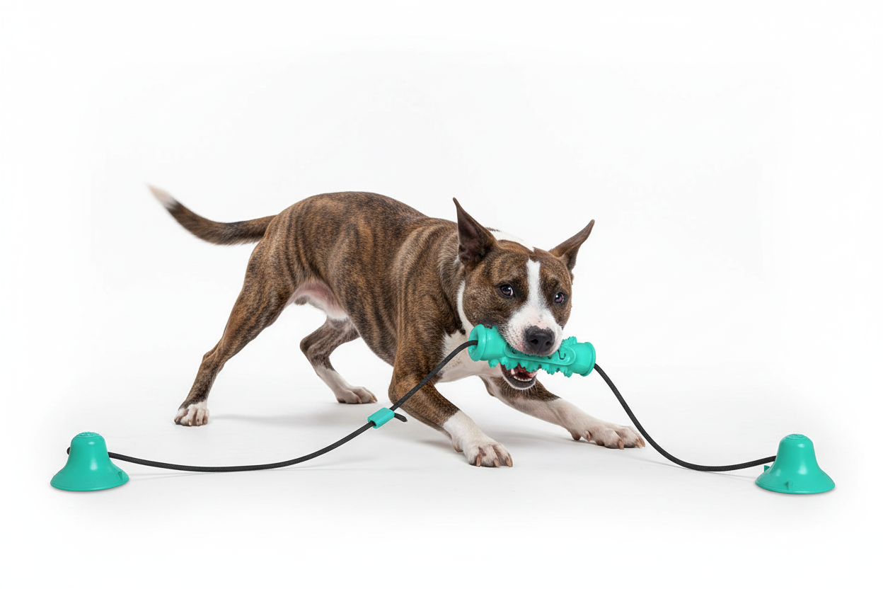 Brindle dog playing with double suction cup pull rope toy