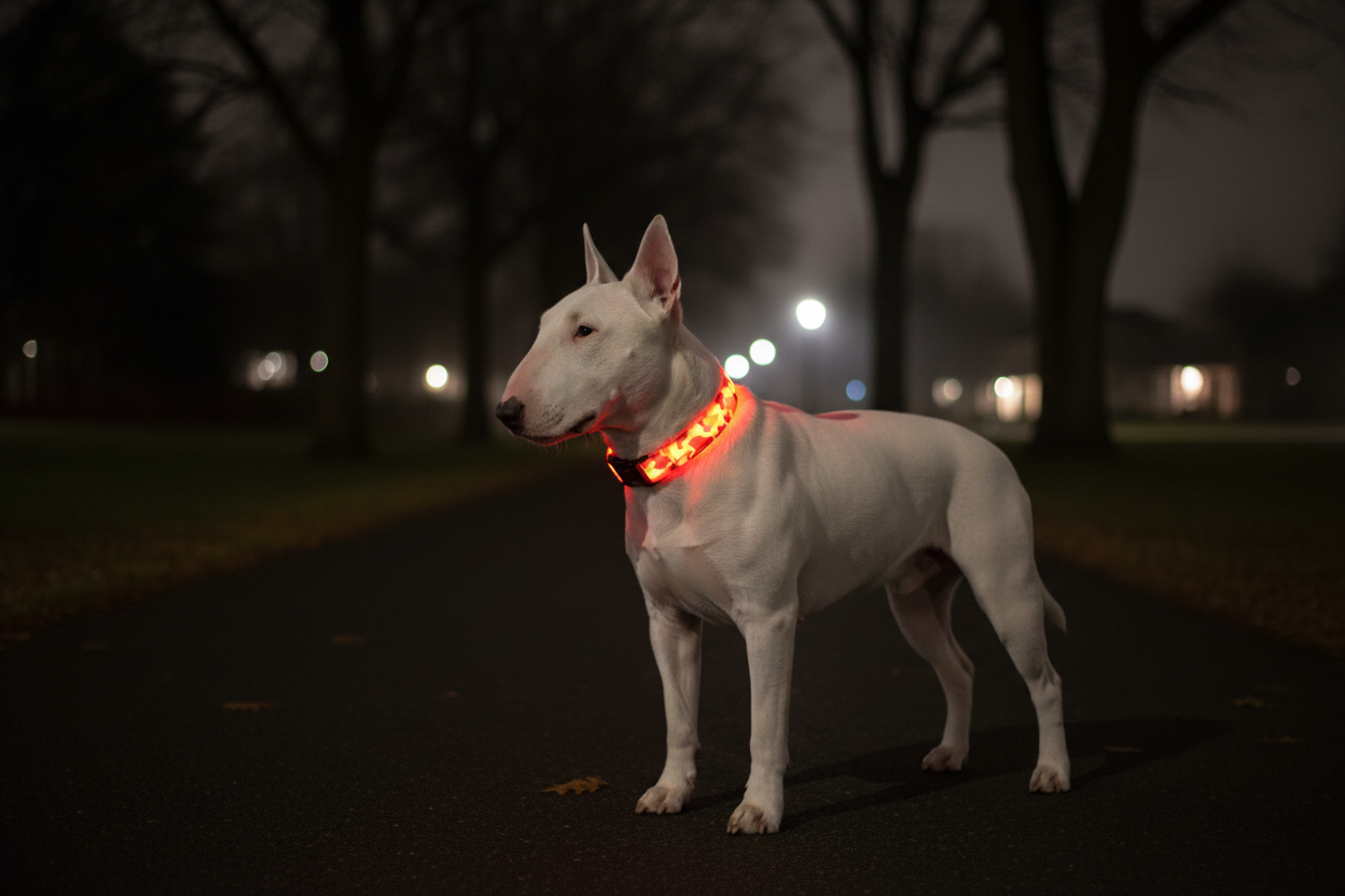 White bull terrier wearing red-orange LED collar at night