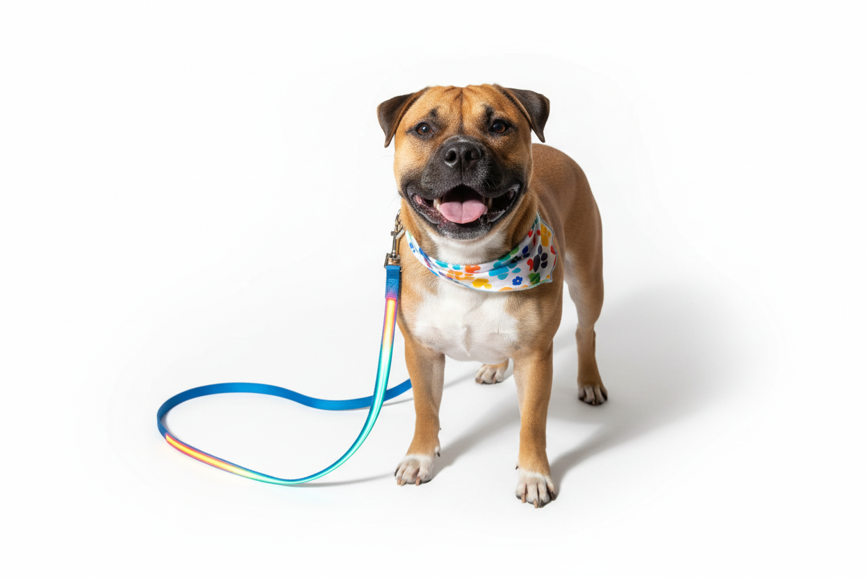 Staffordshire terrier with LED light-emitting dog leash