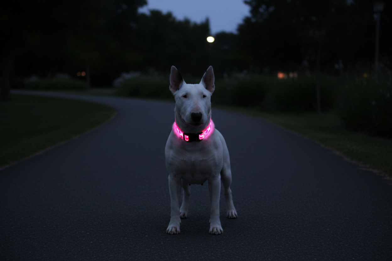White dog wearing pink LED camouflage collar at night