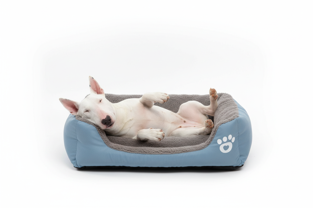 White Bull Terrier resting in paw-shaped pet sofa bed