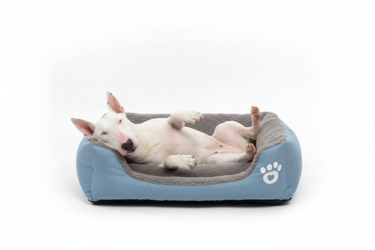 White Bull Terrier resting in paw-shaped pet sofa bed
