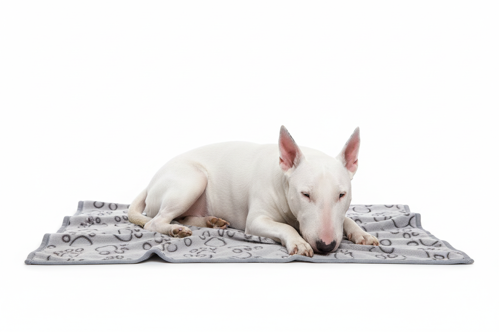 White Bull Terrier on paw print fleece blanket