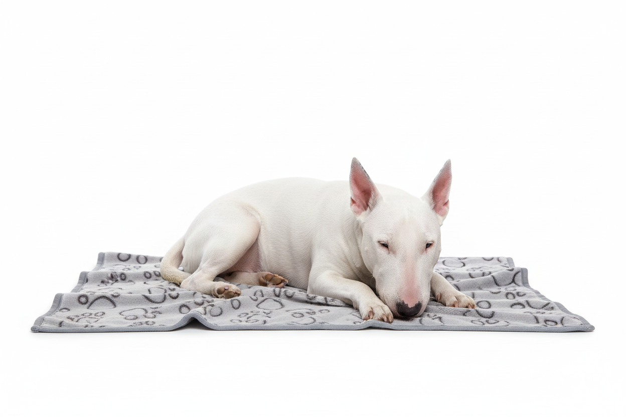 White Bull Terrier on paw print fleece blanket