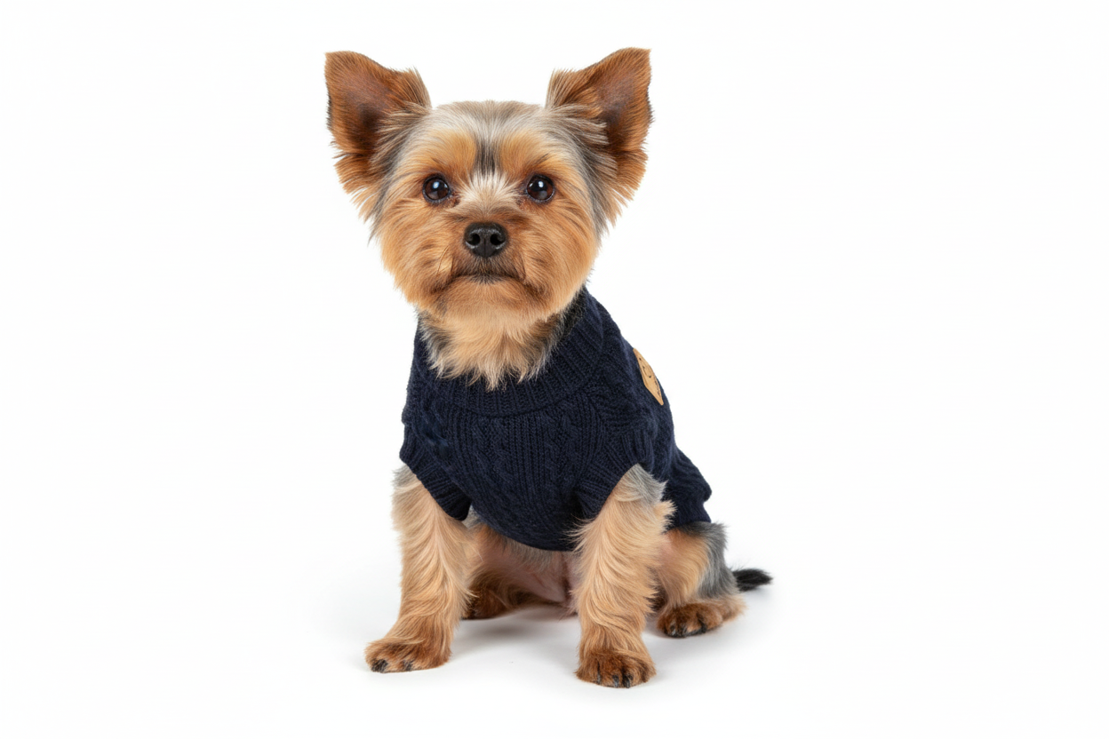 Yorkshire terrier wearing navy blue wool sweater